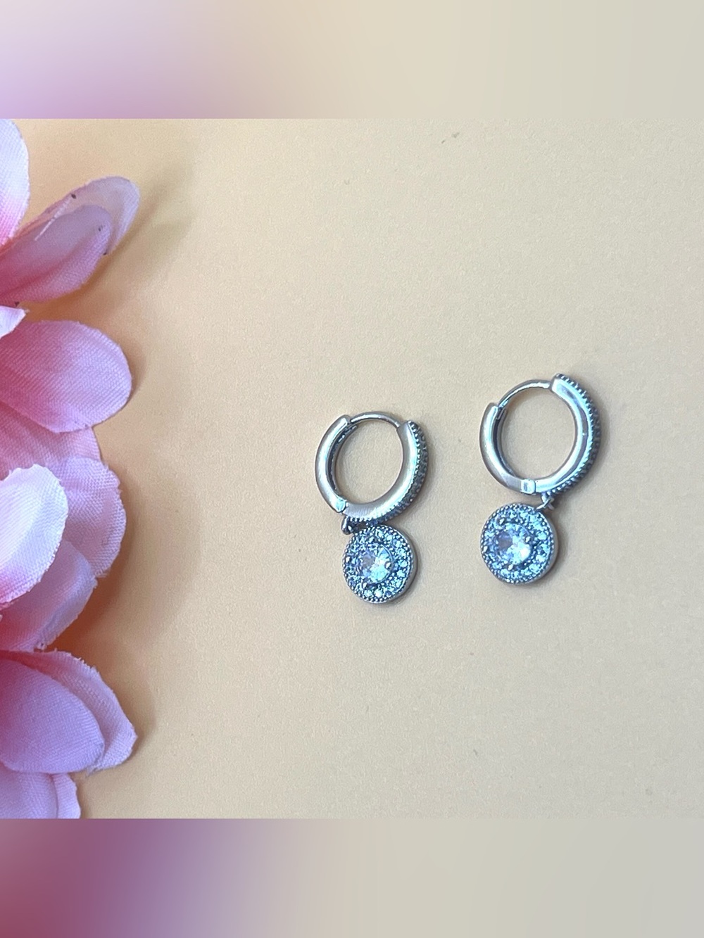 Sterling Silver Crystal Huggie Hoop Earrings with Round Pavé Drops - Silver
